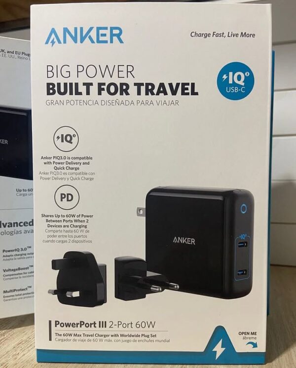 Anker PowerPort III 2-Port 60W – Travel USB-C Charger with Worldwide Plug Set